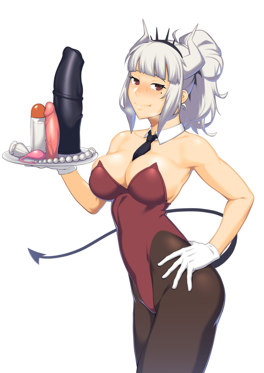 1girl absurdres anal_beads bangs bare_shoulders blunt_bangs breasts butt_plug commentary cowboy_shot demon_girl demon_horns demon_tail detached_collar dildo dyun gloves hand_on_hip helltaker highres holding holding_dildo holding_tray horns large_breasts leotard looking_at_viewer lucifer_(helltaker) mole mole_under_eye necktie pantyhose playboy_bunny ponytail sex_toy simple_background sleeveless solo strapless strapless_leotard tail tray white_background white_hair