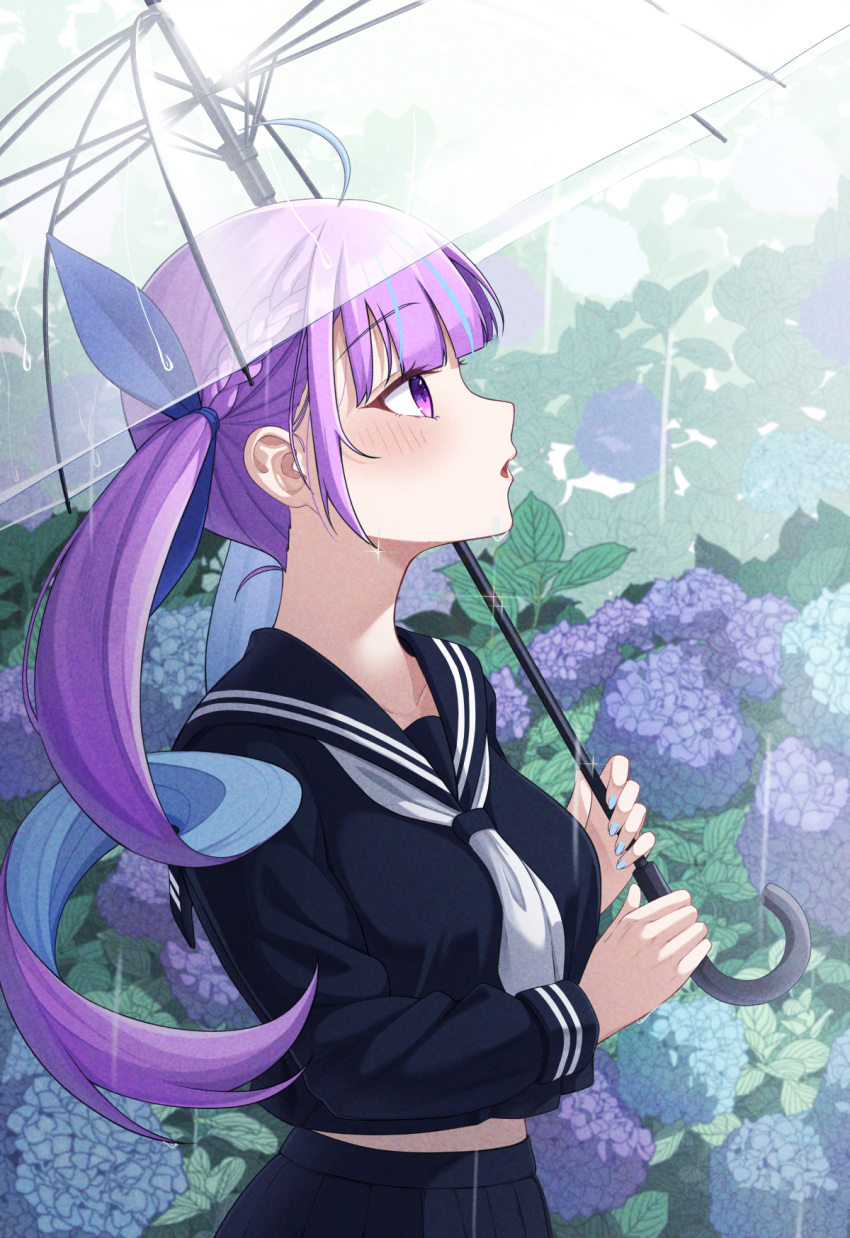 1girl ahoge bangs black_serafuku black_shirt blue_hair blue_ribbon blunt_bangs blush braid colored_inner_hair commentary dong_ja9502 drill_hair flower french_braid hair_ribbon highres holding holding_umbrella hololive hydrangea long_hair long_sleeves looking_away minato_aqua multicolored_hair neckerchief open_mouth purple_eyes purple_hair rain ribbon sailor_collar sailor_shirt school_uniform serafuku shirt sidelocks skirt solo streaked_hair transparent transparent_umbrella twin_braids twin_drills twintails two-tone_hair umbrella virtual_youtuber white_neckerchief