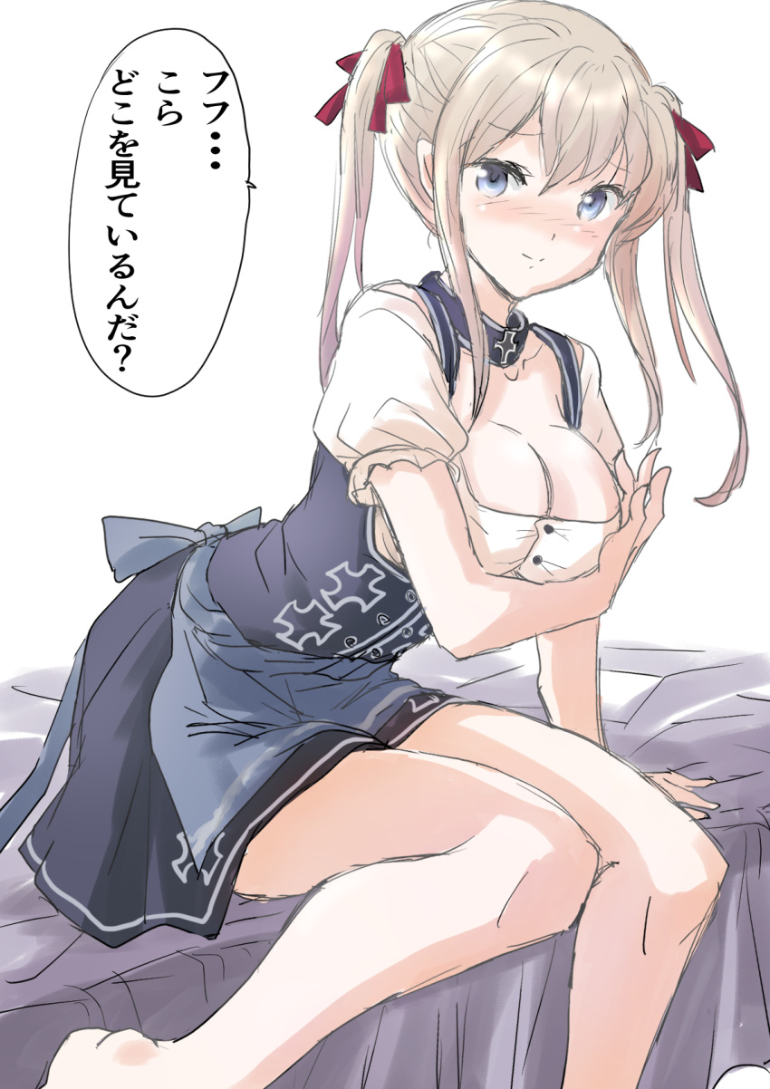 1girl bare_legs barefoot blonde_hair blush breasts cleavage closed_mouth dirndl eyebrows_visible_through_hair fuji_(pixiv24804665) german_clothes graf_zeppelin_(kancolle) hair_between_eyes highres kantai_collection large_breasts long_hair looking_at_viewer purple_eyes sidelocks simple_background sitting solo speech_bubble translation_request twintails white_background