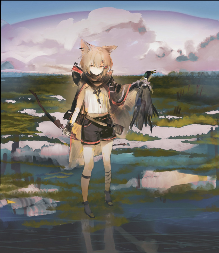 1girl animal animal_ears arknights bangs bird black_gloves black_shorts bow_(weapon) closed_mouth cloud commentary_request duck expressionless fingerless_gloves fox_ears fox_girl full_body gloves hair_ornament hairclip highres holding holding_animal holding_bow_(weapon) holding_weapon hunting leg_wrap light_brown_hair looking_at_viewer notched_ear on_(_l0_) orange_eyes prosthesis prosthetic_arm shirt short_hair shorts sleeveless sleeveless_shirt solo tail vermeil_(arknights) water weapon wetland white_shirt