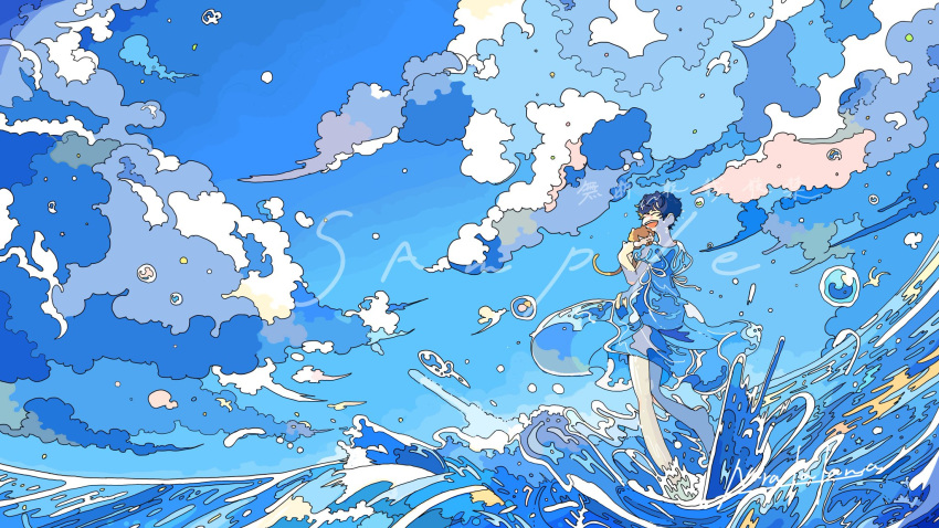 1girl blue_sky blue_theme bubble cloud commentary_request dress highres ligne_claire nara_lalana ocean original sample scenery short_hair sky solo water waves wide_shot