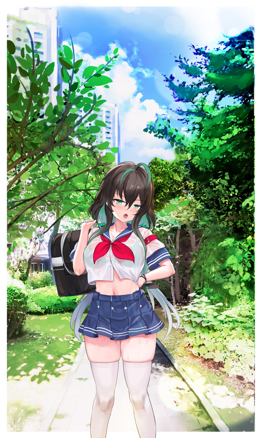 1girl absurdres bag bra breasts green_eyes green_hair highres midriff multicolored_hair navel nijisanji nijisanji_kr open_mouth outdoors riba school_bag school_uniform see-through serafuku shin_yuya skindentation standing sweat thighs underwear virtual_youtuber white_legwear