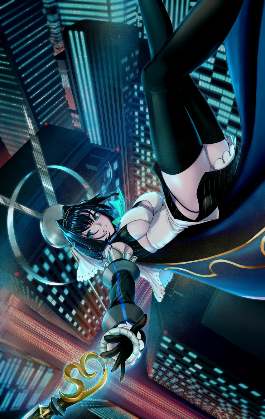1girl :d absurdres ass black_legwear black_skirt blue_bow blue_bowtie blue_eyes bow bowtie breasts building chain city city_below city_lights cityscape cleavage detached_sleeves evening falling hair_intakes head_chain highres hololive hololive_english large_breasts looking_at_viewer me_ao_(many_blue_leaves) mechanical_halo midair no_panties ouro_kronii short_hair sideboob skirt smile solo thighhighs virtual_youtuber weapon