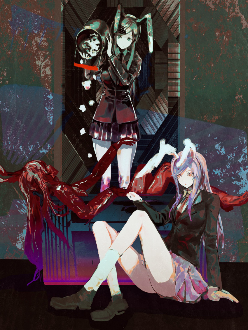 3girls animal_ears bangs black_jacket blazer breasts brown_footwear chinese_commentary collared_shirt commentary cookie_(touhou) faceless faceless_female food full_body highres hisui_(cookie) jacket long_hair meat meat_hisui_(cookie) medium_breasts metal_hisui_(cookie) metal_skin multiple_girls necktie on_(_l0_) open_mouth pleated_skirt purple_hair purple_skirt rabbit_ears red_eyes red_necktie reisen_udongein_inaba shirt shoes skirt socks swept_bangs touhou trash_can white_legwear white_shirt