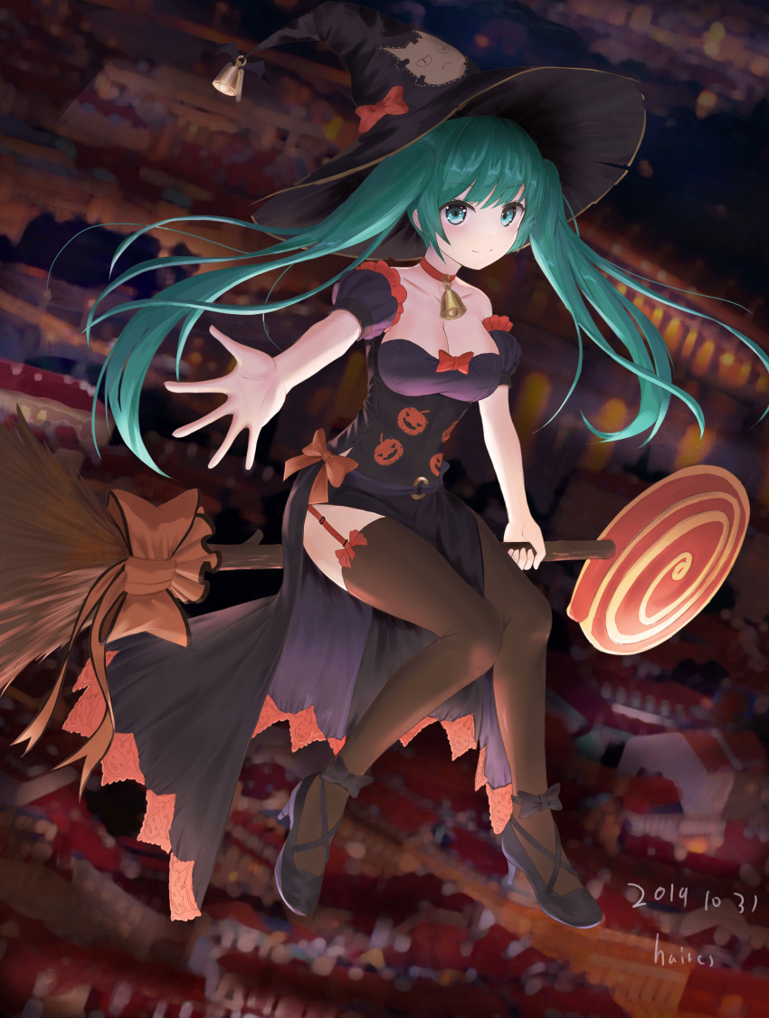 1girl absurdres artist_name bangs bell black_dress black_footwear black_headwear bow breasts broom broom_riding brown_bow brown_choker brown_legwear candy choker cleavage_cutout clothing_cutout commentary_request dated dress food garter_straps green_eyes green_hair haires halloween halloween_costume hat hatsune_miku high_heels highres jack-o'-lantern_print korean_commentary lollipop long_dress long_hair medium_breasts neck_bell print_dress puffy_short_sleeves puffy_sleeves short_sleeves side_slit signature solo thighhighs twintails very_long_hair vocaloid witch_hat