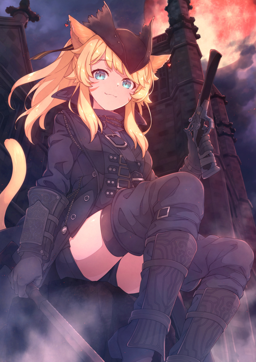 1girl animal_ears black_footwear black_gloves black_headwear black_jacket black_legwear black_shorts bloodborne boots brick_wall cat_ears commentary_request commission cosplay final_fantasy final_fantasy_xiv full_moon gloves gun handgun hat highres holding holding_gun holding_weapon hunter_(bloodborne) hunter_(bloodborne)_(cosplay) indie_virtual_youtuber jacket kaiyoko_star miqo'te moon night outdoors pistol red_moon saipaco short_shorts shorts sitting skeb_commission solo thigh_boots thighhighs tower virtual_youtuber weapon