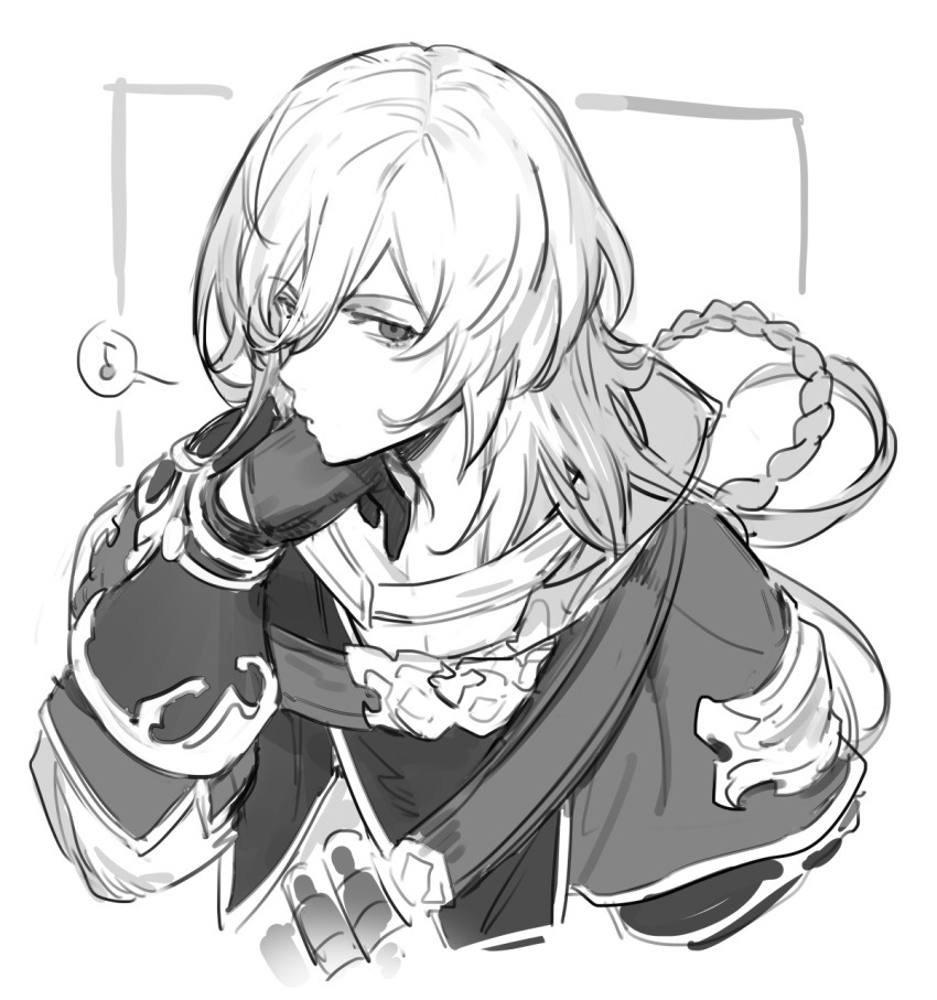 1boy bangs bracelet braid commentary_request gloves granblue_fantasy greyscale hair_over_one_eye hand_on_own_face highres jewelry lamorak_(granblue_fantasy) long_bangs long_hair looking_to_the_side male_focus monochrome pursed_lips solo tki whistle white_background