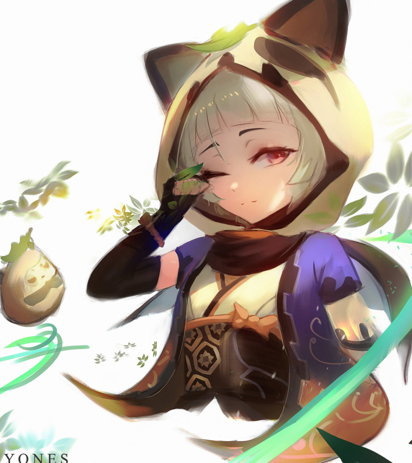 1girl absurdres animal_ears animal_hood artist_name bangs black_gloves black_scarf blunt_bangs closed_mouth commentary cropped_torso fake_animal_ears fingerless_gloves genshin_impact gloves highres hood japanese_clothes leaf leaf_on_head looking_at_viewer muji-muji_daruma_(genshin_impact) ninja obi one_eye_closed pink_eyes purple_eyes raccoon_hood rubbing_eyes sash sayu_(genshin_impact) scarf short_hair short_sleeves silver_hair simple_background solo upper_body white_background yonesdraws