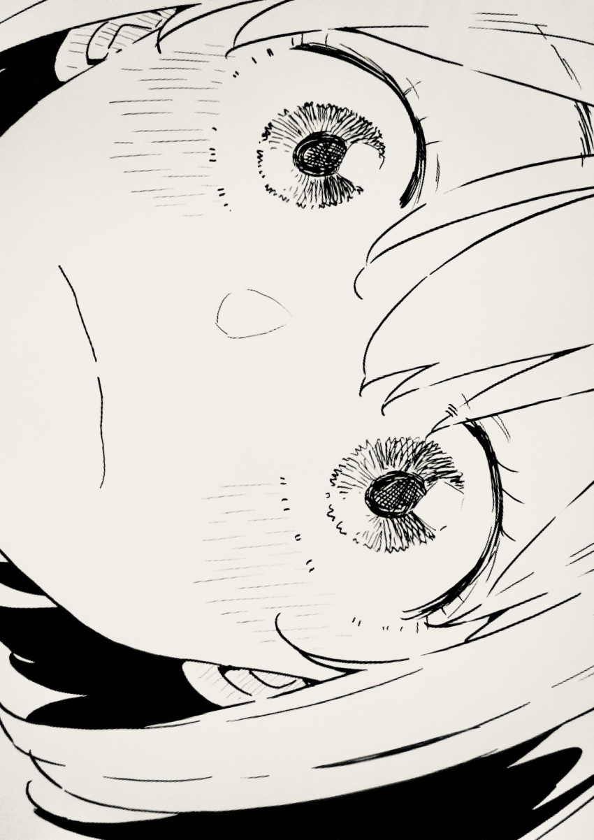 1girl blush closed_mouth ear_blush eye_focus eyebrows_visible_through_hair eyelashes face grey_background greyscale hair_between_eyes hatching_(texture) highres imigimuru medium_hair monochrome original simple_background sketch solo usami_mizuki wide-eyed