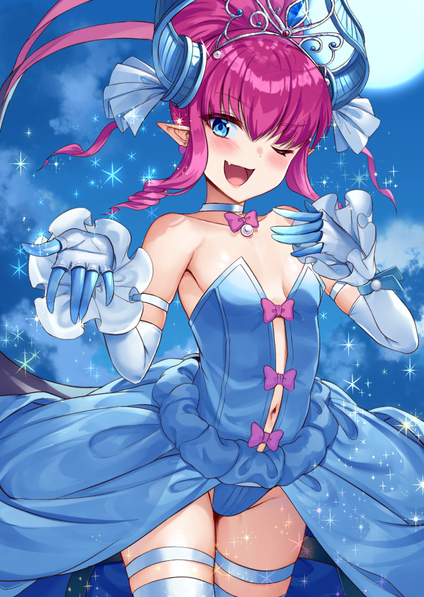1girl ;d arm_strap bangs bare_shoulders blue_eyes blue_gloves blue_legwear blue_leotard blue_skirt blush bow bowtie breasts center_opening collarbone cowboy_shot earrings elbow_gloves elizabeth_bathory_(cinderella_rider)_(fate) elizabeth_bathory_(fate) eyebrows_visible_through_hair fang fate/grand_order fate_(series) full_moon gloves heart heart_earrings highres horns jewelry leotard long_hair looking_at_viewer moon navel night night_sky official_alternate_costume one_eye_closed open_mouth pink_bow pink_bowtie pink_hair pointy_ears ponytail showgirl_skirt sidelocks skin_fang skindentation skirt sky small_breasts smile solo sparkle strapless strapless_leotard tenneko_yuuri thigh_strap thighhighs tiara