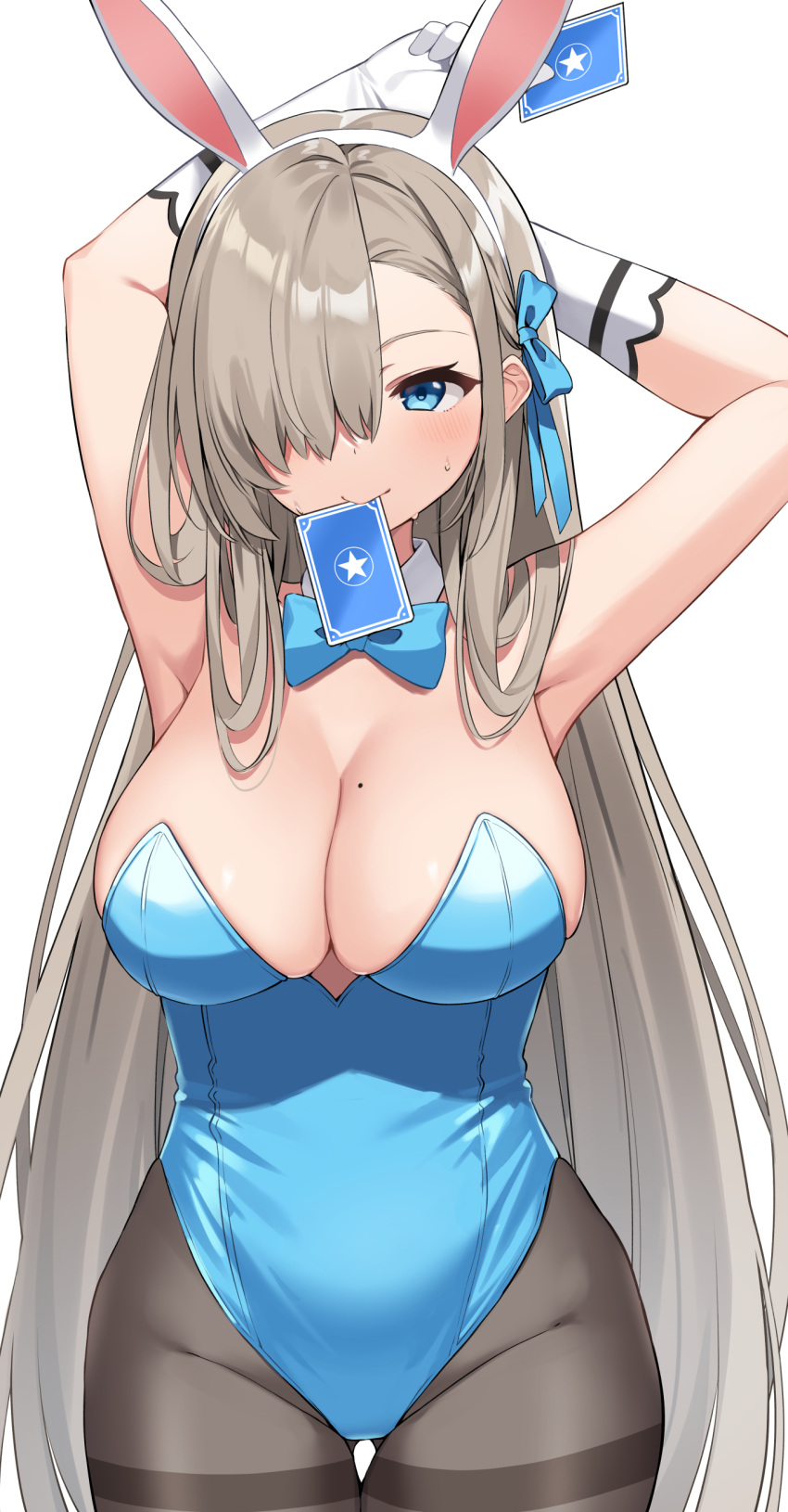 1girl absurdres animal_ears armpits arms_behind_head arms_up asuna_(blue_archive) bangs bare_shoulders blue_archive blue_eyes blue_leotard blush breasts brown_legwear card cleavage detached_collar elbow_gloves fake_animal_ears gloves hair_over_one_eye highleg highleg_leotard highres large_breasts leotard light_brown_hair long_hair looking_at_viewer mole mole_on_breast mouth_hold pantyhose playboy_bunny playing_card rabbit_ears solo suiroh_(shideoukami) thighs white_gloves