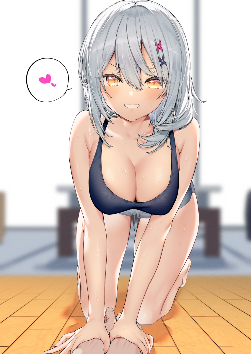 1girl absurdres all_fours armpit_crease bare_arms bare_legs bare_shoulders barefoot blurry breasts cleavage commentary_request depth_of_field foot_massage grey_hair grey_shorts grin hair_ornament hairclip heart highres itohana large_breasts long_hair looking_at_viewer orange_eyes original pov short_shorts shorts sleeveless smile solo spoken_heart sports_bra sweat thighs v-shaped_eyebrows x_hair_ornament