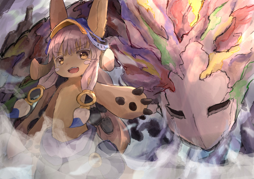 1girl 1other :d absurdres animal_ears bangs belafu body_fur brown_fur dot_nose fangs fog furry furry_female hair_ornament headgear highres illustrattyako long_hair looking_at_viewer made_in_abyss nanachi_(made_in_abyss) open_mouth smile teeth upper_teeth whiskers white_hair yellow_eyes