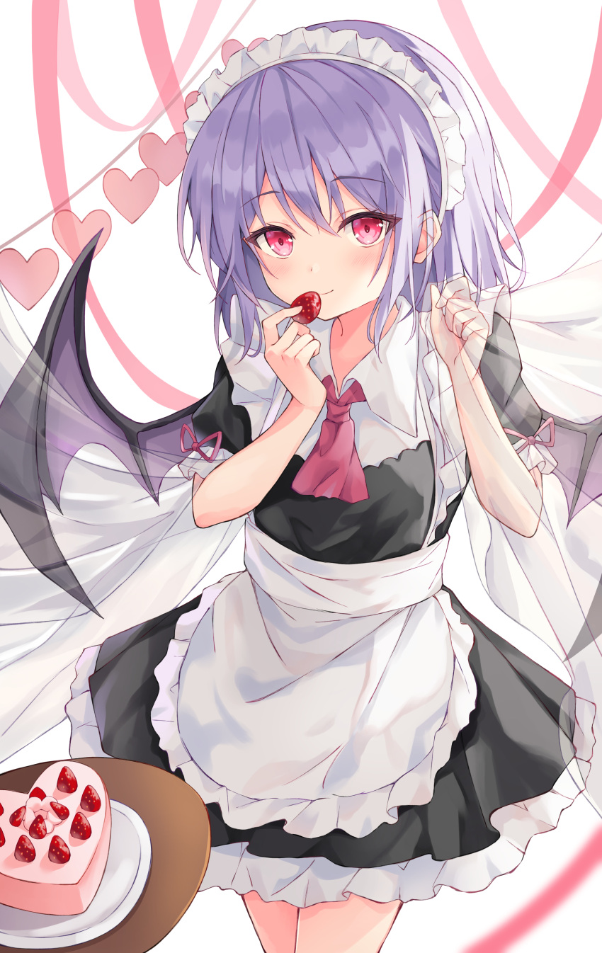 1girl absurdres alternate_costume apron ascot bangs bat_wings blush breasts cake collared_shirt commentary dress enmaided eyebrows_visible_through_hair food frilled_dress frills fruit heart highres kofumi_(nxme5555) looking_at_viewer maid maid_apron maid_headdress plate puffy_short_sleeves puffy_sleeves purple_hair red_ascot red_ribbon remilia_scarlet ribbon shirt short_hair short_sleeves simple_background small_breasts smile solo strawberry strawberry_cake table touhou white_background white_shirt wing_collar wings