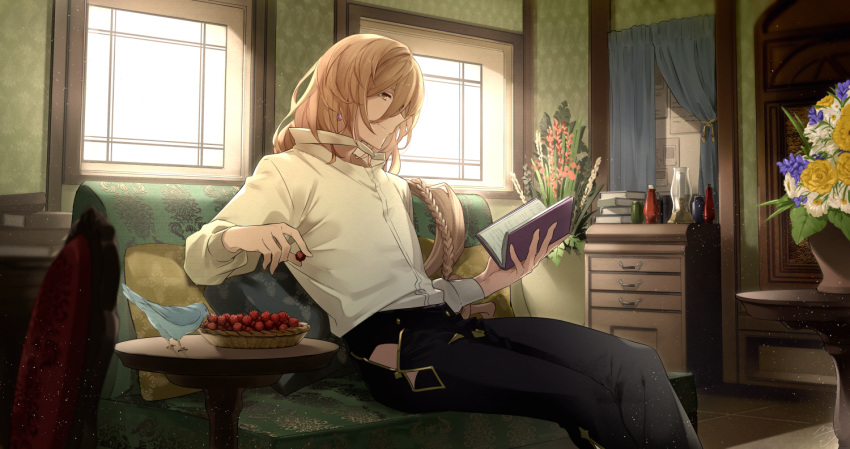 1boy bangs basket bird book braid brown_eyes brown_hair clothing_cutout coffee_table commentary_request couch crossed_legs curtains drawer earrings feb_itk flower food fruit granblue_fantasy holding holding_book jewelry lamorak_(granblue_fantasy) light_particles light_rays long_bangs long_hair long_sleeves male_focus pillow reading shirt single_earring sitting smile solo strawberry sunbeam sunlight thigh_cutout vase wallpaper_(object) white_shirt window