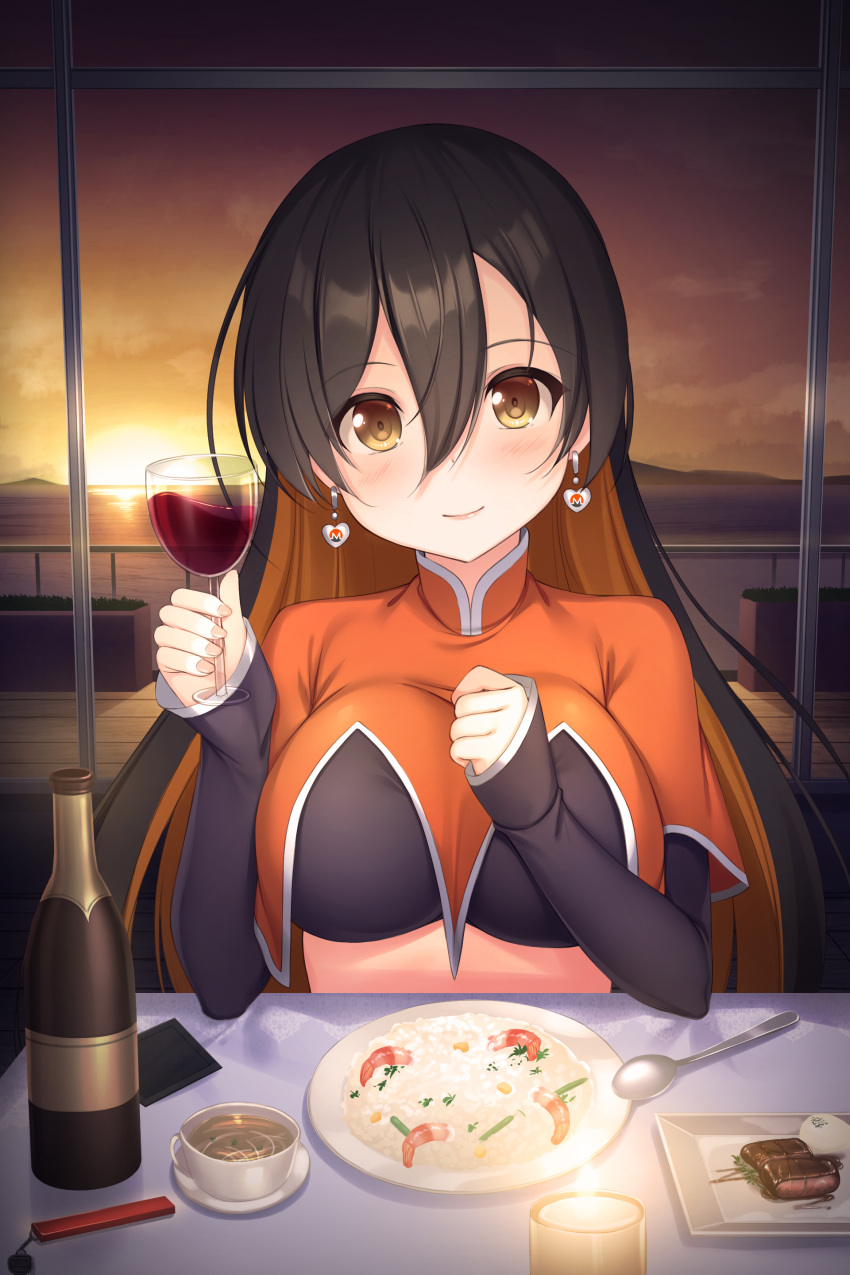 1girl absurdres alcohol black_hair black_shirt bottle breasts brown_eyes candle capelet closed_mouth cloud commission crop_top cup dinner drinking_glass earrings food hair_between_eyes highres holding holding_cup horizon indoors jewelry kageira large_breasts long_hair long_sleeves looking_at_viewer meat monero-chan multicolored_hair multiple_sources orange_capelet orange_hair original plate pov rice second-party_source shirt shrimp sitting skeb_commission sky sleeves_past_wrists smile solo spoon sunset table tea teacup tight two-tone_hair upper_body water window wine wine_bottle wine_glass
