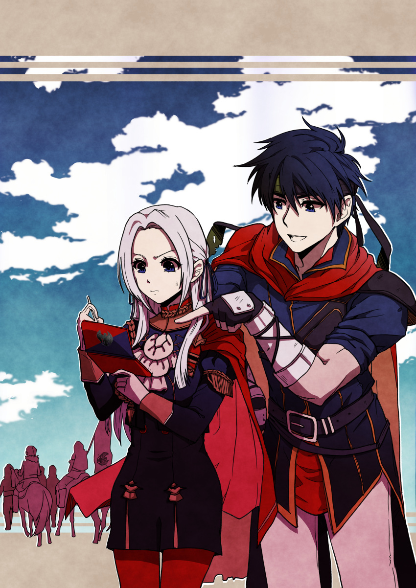 absurdres armor bangs belt bird blue_eyes blue_hair cape closed_mouth cloud cloudy_sky commentary cowboy_shot eagle edelgard_von_hresvelg english_commentary fingerless_gloves fire_emblem fire_emblem:_path_of_radiance fire_emblem:_radiant_dawn fire_emblem:_three_houses flag gloves handheld_game_console headband highres horse ike_(fire_emblem) krishna_artly long_hair long_sleeves nintendo_3ds open_mouth pantyhose parted_bangs pointing red_cape shadow short_hair sky smile sweatdrop uniform white_gloves white_hair writing