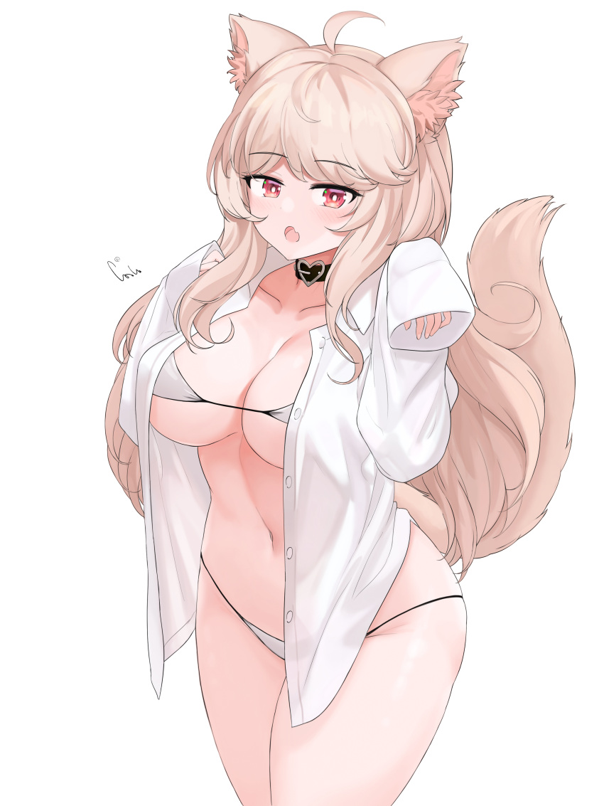 1girl absurdres ahoge animal_ears bangs bikini blonde_hair blush breasts cat_ears cat_girl cat_tail choker collarbone commentary_request eyebrows_visible_through_hair hands_up heart heart_choker highres korean_commentary large_breasts long_hair looking_at_viewer navel open_clothes open_mouth open_shirt original red_eyes riba shirt sleeves_past_wrists solo swimsuit tail thighs white_shirt