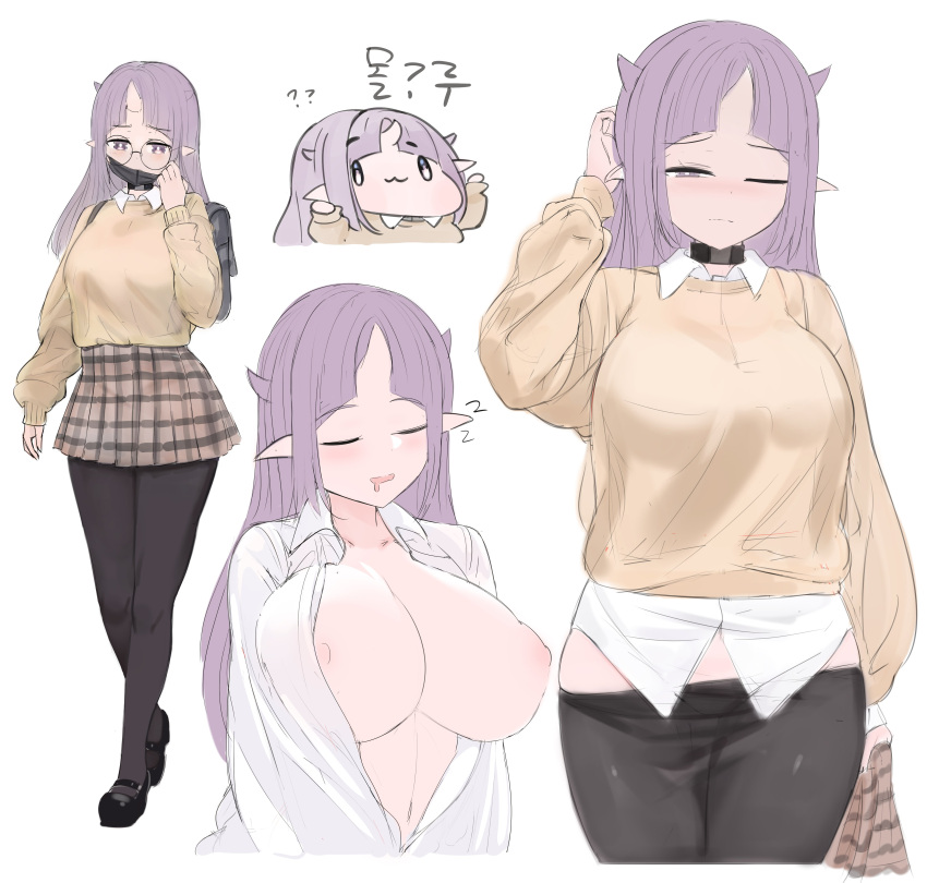 1girl absurdres bangs breasts chibi choker collared_shirt glasses highres horns large_breasts mask multiple_views nipples open_clothes original pantyhose pointy_ears purple_eyes purple_hair riba shirt shoes skirt skirt_removed sleeping sweater