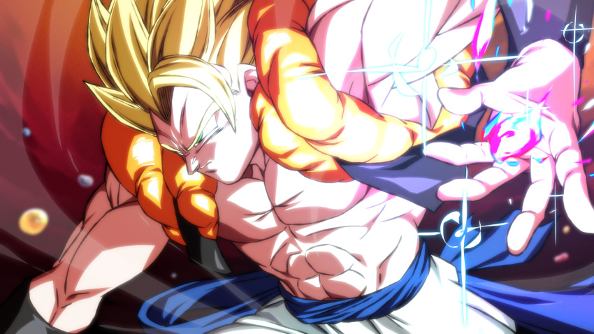 1boy abs blonde_hair blue_eyes blue_sash closed_mouth dragon_ball dragon_ball_z energy_ball gogeta male_focus metamoran_vest muscular muscular_male pants pectorals rom_(20) sash serious solo stardust_breaker super_saiyan super_saiyan_1 white_pants