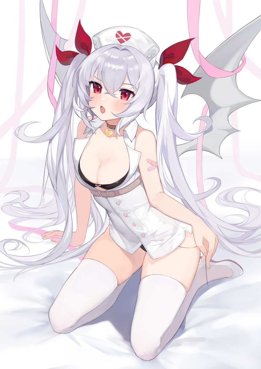 1girl arm_support azur_lane bandaid bandaid_on_arm bangs bat_wings black_bra black_panties blush bra breasts brown_choker buttons center_opening choker cleavage commentary crossed_bangs eyebrows_visible_through_hair fang full_body hair_between_eyes hair_ribbon hat heart heart_choker highres long_hair looking_at_viewer medium_breasts nurse_cap official_alternate_costume open_mouth panties panty_peek pink_ribbon red_eyes red_ribbon ribbon seiza shirt shoes silver_hair sitting skindentation sleeveless sleeveless_shirt solo strap thighhighs thighs twintails underwear vampire_(azur_lane) vampire_(little_devil_in_white)_(azur_lane) very_long_hair white_footwear white_headwear white_legwear white_shirt wing_collar wings yayako_(804907150)