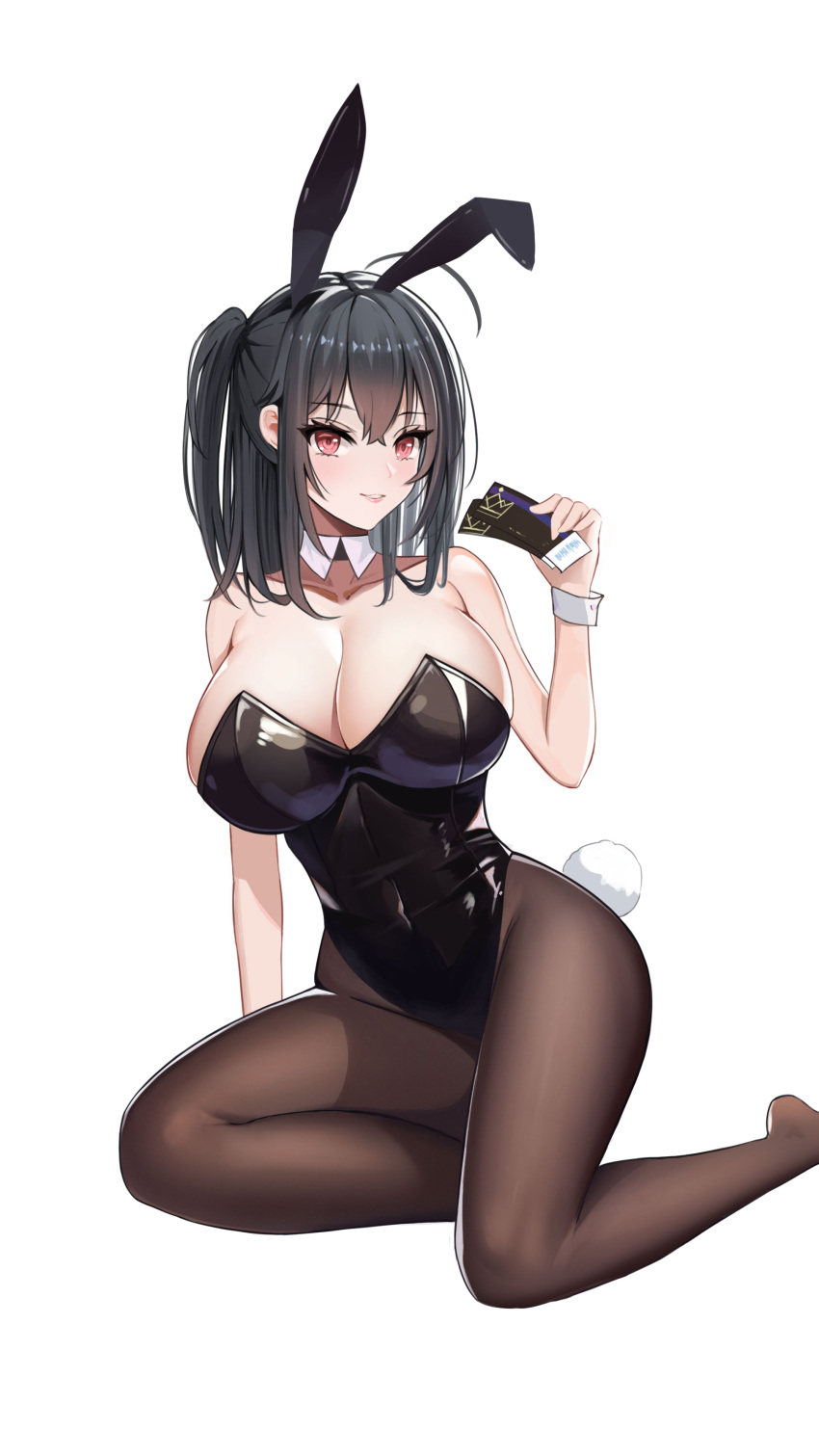 1girl 24kchunshuai absurdres ahoge animal_ears azur_lane ballot black_legwear black_leotard breasts cleavage commentary_request covered_navel detached_collar fake_animal_ears foot_out_of_frame hand_up highres holding large_breasts leotard long_hair pantyhose parted_lips playboy_bunny rabbit_ears rabbit_tail red_eyes side_ponytail simple_background sitting solo taihou_(azur_lane) tail ticket white_background wrist_cuffs yokozuwari