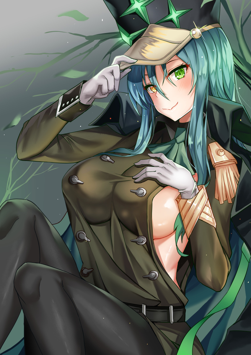 1girl absurdres alchemy_stars belt black_legwear black_pants breasts closed_mouth deogho_(liujinzy9854) gloves gold_trim gradient gradient_background green_eyes hair_between_eyes hand_on_own_chest hat hat_tip heterochromia highres jacket jacket_on_shoulders korean_commentary large_breasts long_hair long_sleeves migard_(alchemy_stars) open_clothes pants shiny shiny_skin shirt sideboob sidelocks smile solo split_mouth tassel taut_clothes taut_shirt tree uniform white_gloves yellow_eyes