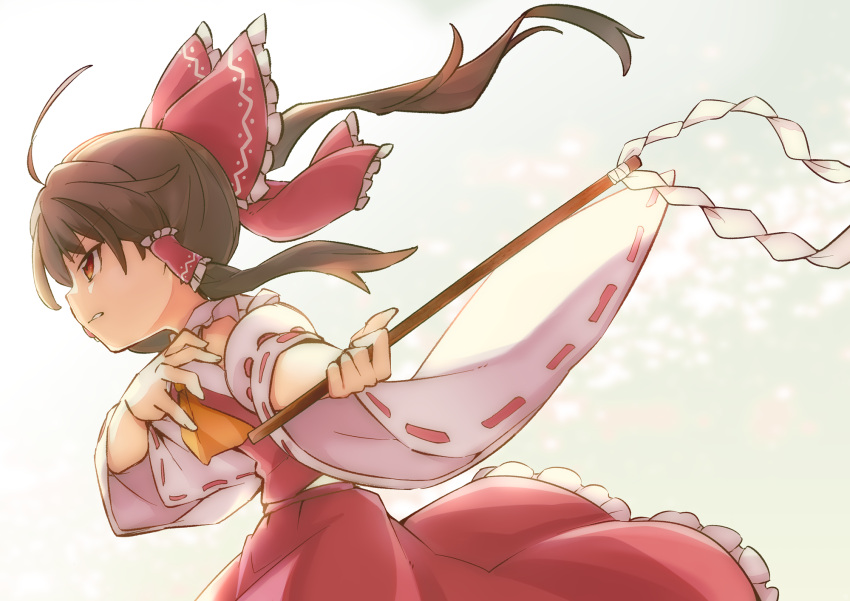 1girl ascot bare_shoulders bow brown_eyes brown_hair detached_sleeves from_side gohei hair_bow hair_tubes hakurei_reimu highres japanese_clothes medium_hair nontraditional_miko red_bow red_skirt ribbon-trimmed_sleeves ribbon_trim sidelocks skirt solo touhou wide_sleeves yellow_ascot yutamaro