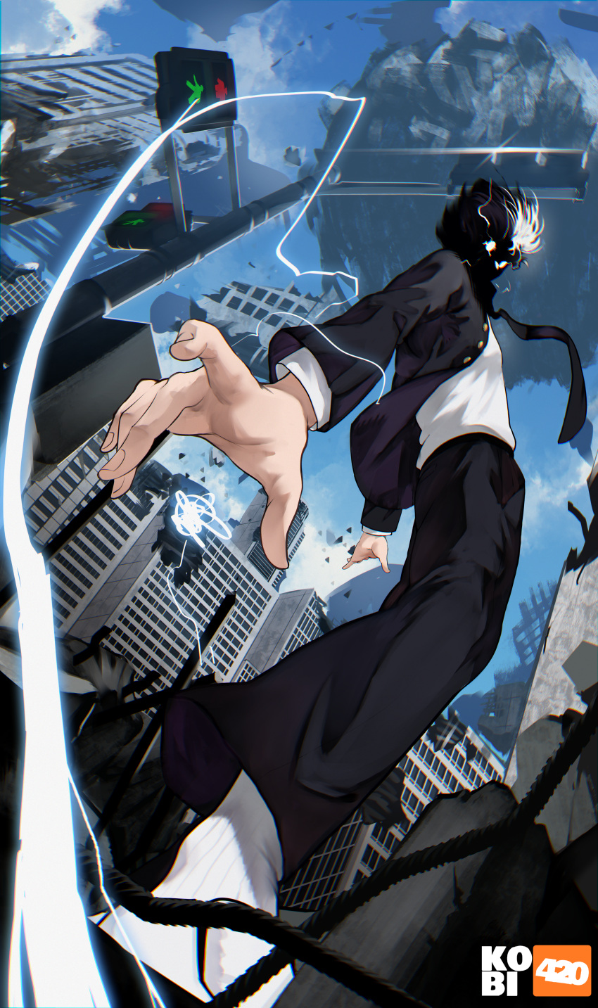 1boy absurdres artist_name bangs black_hair black_pants bowl_cut city cityscape electricity energy energy_ball esper floating floating_hair flying full_body gakuran glowing glowing_eyes highres kageyama_shigeo kobi420 long_sleeves looking_at_viewer male_focus mob_psycho_100 necktie outdoors pants psychic school_uniform shirt short_hair sky solo traffic_light white_shirt