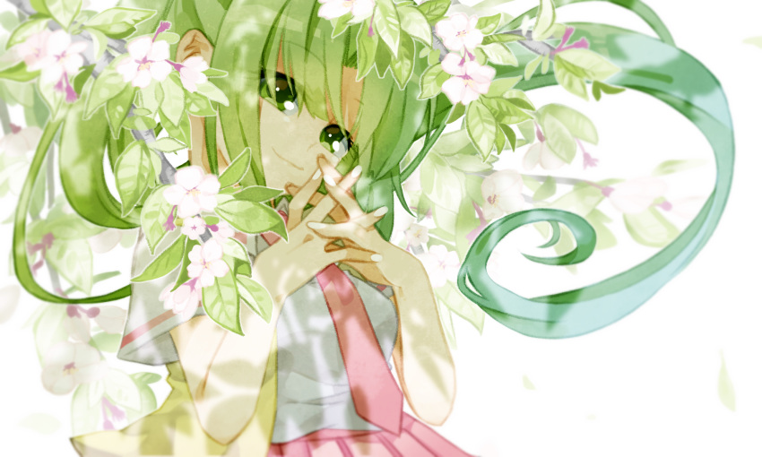 1girl branch breasts closed_mouth commentary_request eyebrows_visible_through_hair eyes_visible_through_hair floating_hair flower flower_request green_eyes green_hair hands_up highres higurashi_no_naku_koro_ni interlocked_fingers long_hair looking_at_viewer medium_breasts momotarekawa necktie open_clothes open_vest pink_skirt pleated_skirt red_necktie short_sleeves skirt smile solo sonozaki_mion upper_body very_long_hair vest white_background yellow_vest