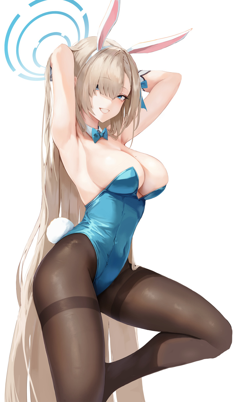 1girl absurdres animal_ears armpits arms_behind_head arms_up asuna_(blue_archive) bare_arms bare_shoulders blue_archive blue_eyes blue_leotard bow bowtie breasts brown_hair brown_legwear cleavage commentary_request covered_navel detached_collar fake_animal_ears fake_tail grin hair_over_one_eye hairband halo highleg highleg_leotard highres hiki_niito large_breasts leg_up leotard long_hair looking_at_viewer mole mole_on_breast pantyhose playboy_bunny rabbit_ears rabbit_tail simple_background smile solo strapless strapless_leotard tail thighband_pantyhose very_long_hair white_background wrist_cuffs
