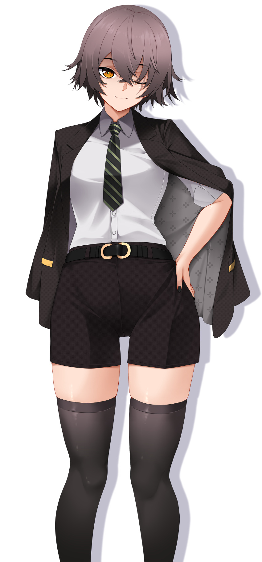 1girl absurdres black_jacket black_legwear black_nails black_shorts closed_mouth collared_shirt eyebrows_visible_through_hair feet_out_of_frame girls'_frontline girls'_frontline_2:_exilium grey_hair hair_between_eyes highres jacket jacket_on_shoulders looking_at_viewer necktie shirt shirt_tucked_in short_hair short_sleeves shorts simple_background smile solo thighhighs ump45_(girls'_frontline) white_background white_shirt yellow_eyes z.taiga