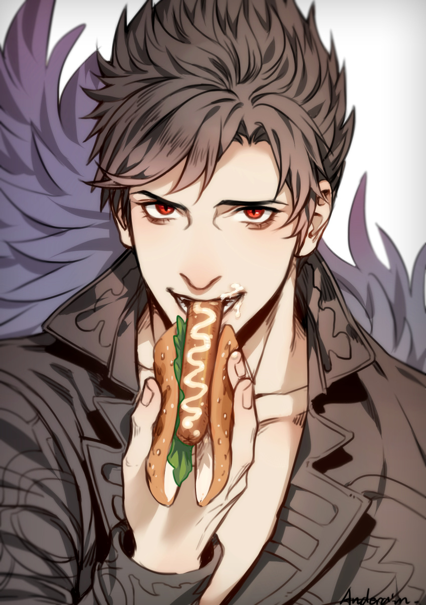 1boy anderain belial_(granblue_fantasy) black_hair black_jacket eating feather_boa fellatio food granblue_fantasy highres hot_dog jacket looking_at_viewer male_focus oral pectoral_cleavage pectorals phallic_symbol sausage sexually_suggestive short_hair simulated_fellatio smile solo spiked_hair toned toned_male