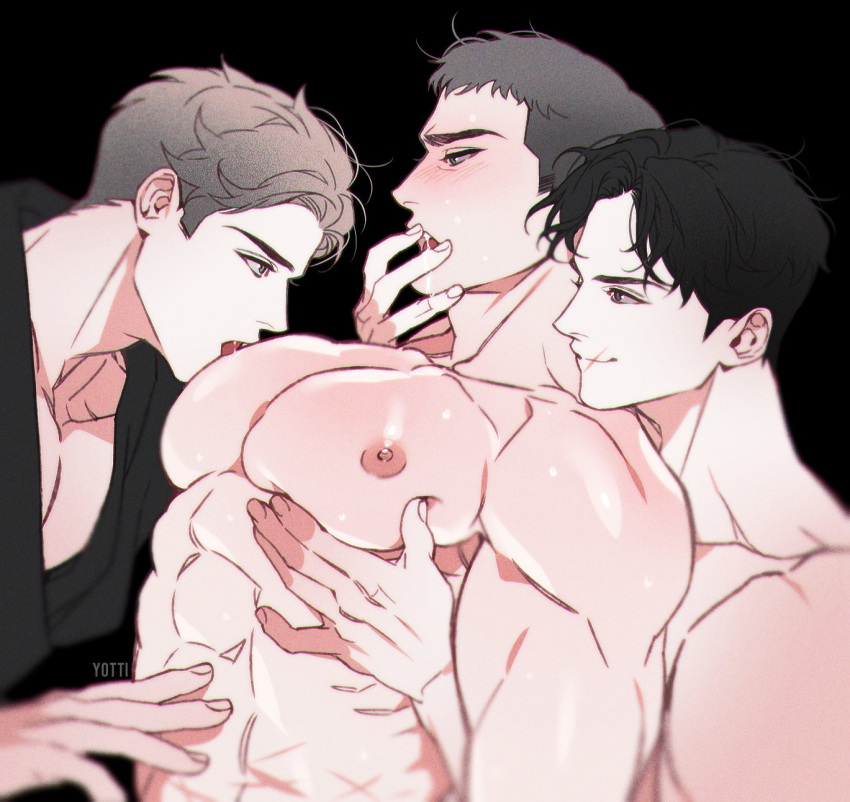 3boys abs artist_name bara black_background black_hair black_shirt blush boy_sandwich brown_hair closed_mouth grabbing grabbing_from_behind groping group_sex hand_on_another's_mouth highres large_pectorals licking licking_nipple licking_pectoral looking_at_another male_focus mmm_threesome multiple_boys muscular muscular_male nipples open_mouth original pectoral_grab pectorals saliva sandwiched scar scar_on_face scar_on_mouth shirt short_hair smile sucking_male_nipple threesome tongue tongue_out upper_body y9tti yaoi