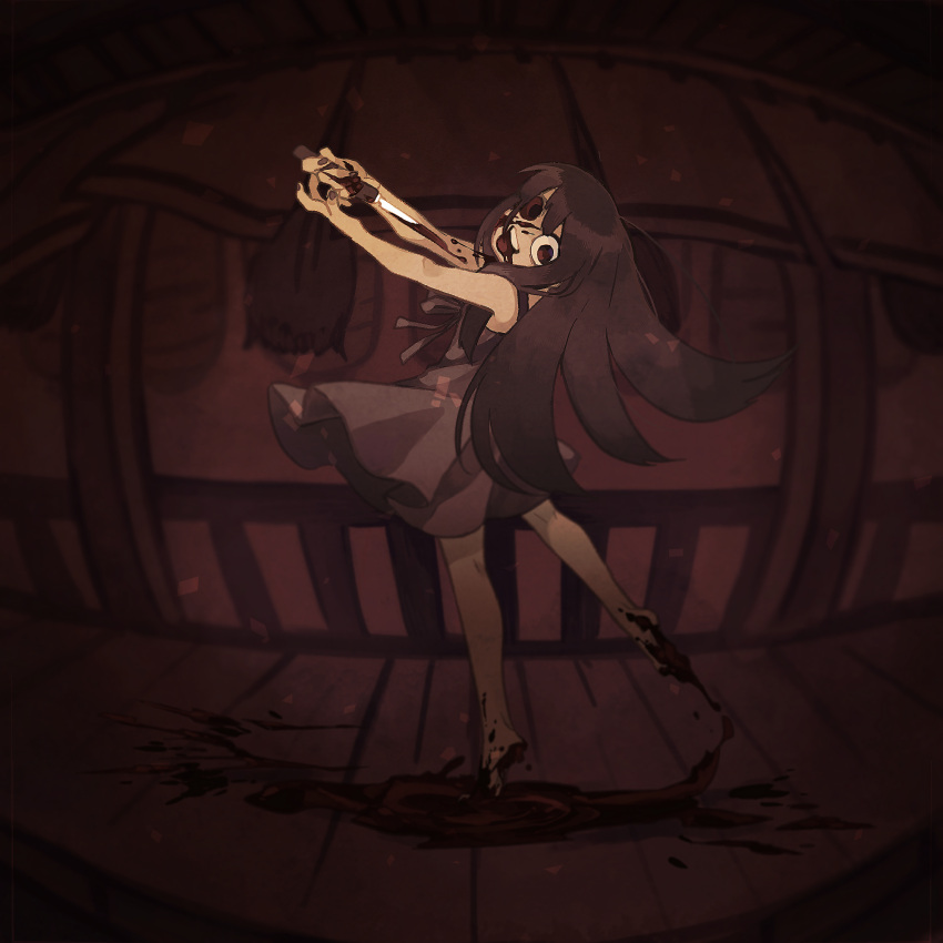 1girl 6_9 :d bare_shoulders barefoot blood blood_from_mouth blood_on_face blood_on_feet blood_on_knife bloodshot_eyes blurry commentary_request crazy_eyes crazy_smile depth_of_field dress fisheye full_body furude_rika hands_up highres higurashi_no_naku_koro_ni holding holding_knife knife lantern long_hair looking_at_viewer looking_to_the_side momotarekawa monochrome noren open_mouth paper_lantern pool_of_blood puddle railing red_theme shaft_look sidelocks smile solo stab standing standing_on_one_leg suicide sundress tassel tiptoes wooden_floor