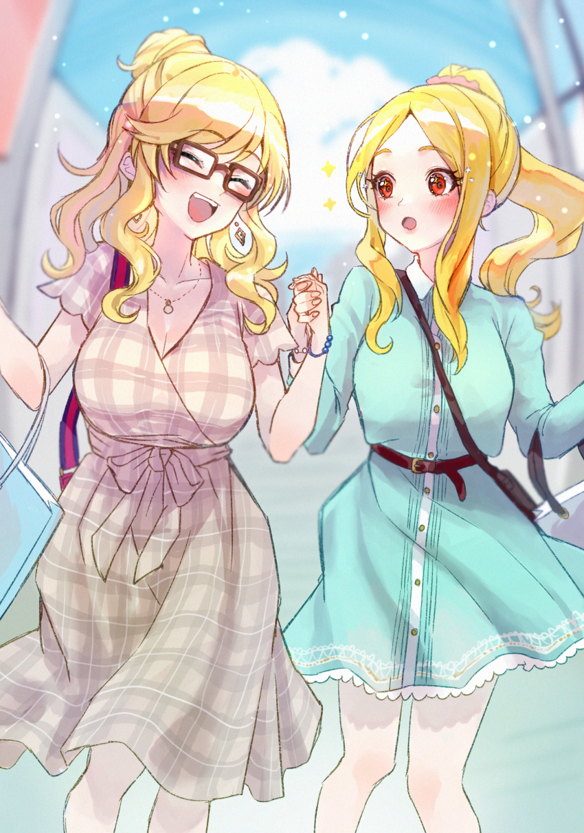 2girls :d :o blonde_hair blue_dress blue_sky blush breasts cleavage closed_eyes closed_mouth commentary_request dress earrings fujima_(k114) grey_dress highres holding_hands idolmaster idolmaster_cinderella_girls jewelry large_breasts looking_at_another mochizuki_hijiri multiple_girls ohtsuki_yui plaid plaid_dress ponytail red_eyes sky smile