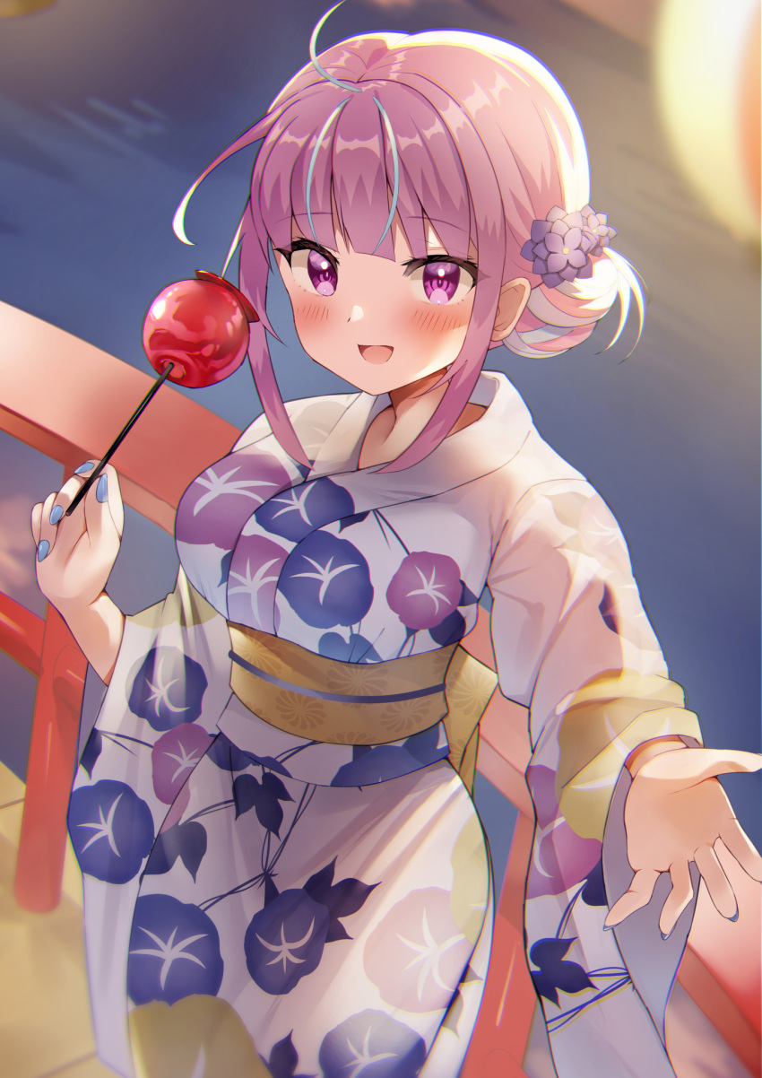 1girl :d ahoge alternate_hairstyle beckoning blue_hair blue_nails blush breasts bridge candy_apple cowboy_shot fingernails flower food hair_bun hair_flower hair_ornament highres hololive japanese_clothes kimono long_hair looking_at_viewer medium_breasts minato_aqua multicolored_hair nail_polish obi open_mouth purple_eyes purple_hair reaching_out rykysd sash sidelocks smile solo streaked_hair summer_festival two-tone_hair virtual_youtuber wide_sleeves yukata