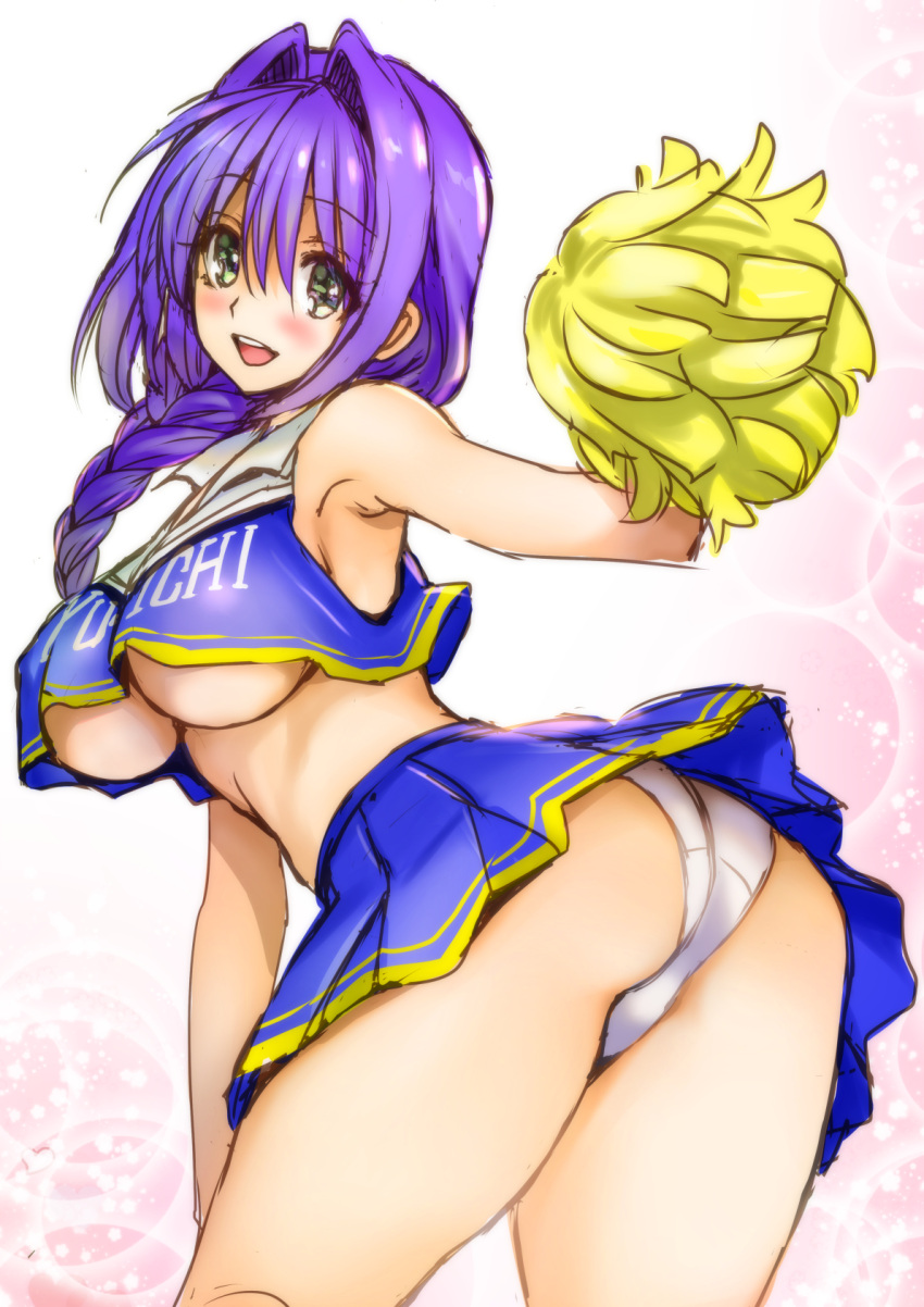 1girl arm_up armpits ass blue_eyes blush braid breasts cheerleader clothes_writing commentary_request crop_top hair_intakes highres kanon large_breasts long_hair looking_at_viewer looking_to_the_side mature_female midriff minase_akiko miniskirt mitarashi_kousei no_bra open_mouth panties pantyshot pleated_skirt pom_pom_(cheerleading) purple_hair single_braid skirt sleeveless smile solo underboob underwear white_panties