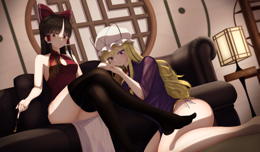 2girls absurdres alternate_costume bangs black_legwear blonde_hair blush bow breasts brown_hair china_dress chinese_clothes commentary_request couch dress gold_trim hair_bow hair_tubes hakurei_reimu hat hat_bow highres kiseru lantern large_breasts lattice lips lipstick long_hair makeup medium_breasts mob_cap mobchara_p multiple_girls panties panty_peek pelvic_curtain pipe purple_hair red_bow red_eyes red_ribbon ribbon round_window sidelocks sitting sleeveless sleeveless_dress thighhighs thighs touhou underwear white_headwear white_panties window yakumo_yukari