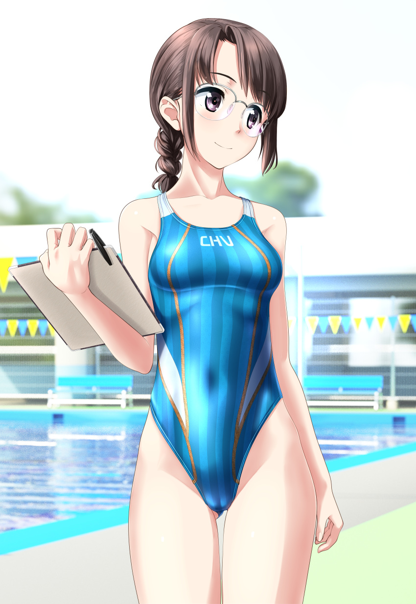 1girl absurdres aqua_swimsuit braid breasts brown_eyes brown_hair cameltoe clipboard clothes_writing collarbone commentary_request competition_swimsuit covered_navel cowboy_shot day glasses groin highleg highleg_swimsuit highres long_hair looking_to_the_side multicolored_clothes multicolored_swimsuit one-piece_swimsuit original outdoors pen pool single_braid small_breasts solo standing string_of_flags striped striped_swimsuit swimsuit takafumi