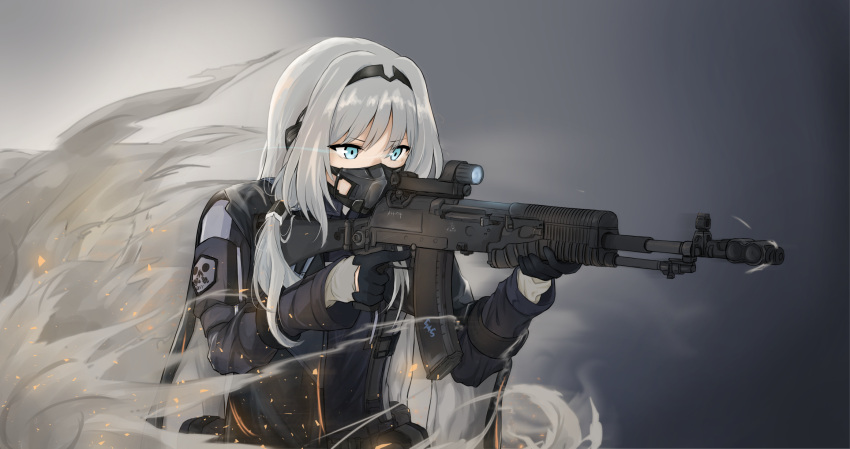 1girl an-94 an-94_(girls'_frontline) armband assault_rifle black_gloves blue_eyes clov3r commentary english_commentary gas_mask girls'_frontline gloves gun hairband highres holding holding_gun holding_weapon kalashnikov_rifle long_sleeves mask rifle scope silver_hair solo tactical_clothes weapon