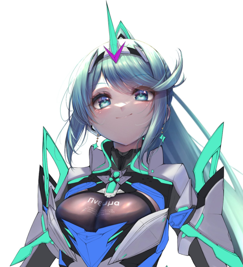 1girl bangs breasts chest_jewel earrings gem greek_text green_eyes green_hair hakusai_(hksicabb) headpiece highres jewelry large_breasts long_hair pneuma_(xenoblade) ponytail solo swept_bangs tiara unfinished very_long_hair xenoblade_chronicles_(series) xenoblade_chronicles_2