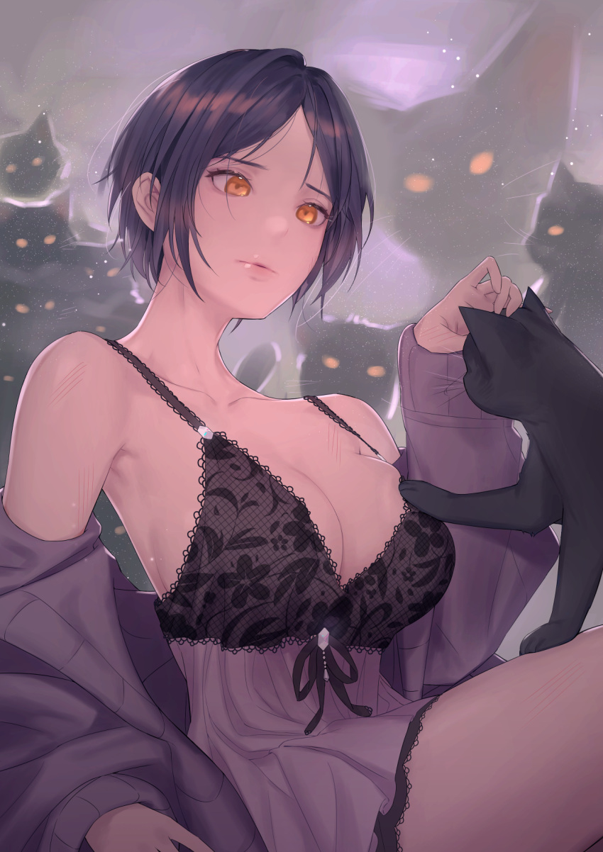 1girl bangs bare_shoulders black_hair breast_poke breasts cardigan cat collarbone commentary_request da_souls grey_sweater hayami_kanade highres idolmaster idolmaster_cinderella_girls lace_trim large_breasts nightgown off_shoulder open_cardigan open_clothes orange_eyes parted_bangs poking scratches short_hair solo strap_gap sweater