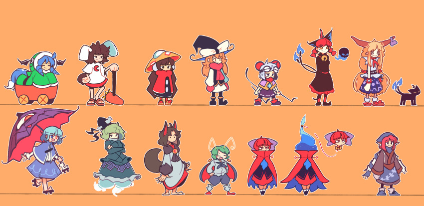 6+girls ahoge alternate_costume animal_ears bell bracelet cape cart cat cat_ears cat_tail disembodied_head fingernails fish_girl fish_tail flaming_skull ghost goggles goggles_on_head hat highres horns ibuki_suika imaizumi_kagerou inaba_tewi jewelry kaenbyou_rin kirisame_marisa long_fingernails mallet mouse_ears mouse_tail multiple_girls mystia_lorelei nazrin neck_bell oni oni_horns orange_background rabbit_ears rabbit_tail ribbon sandals sekibanki simple_background slascoplerd smile soga_no_tojiko spiked_bracelet spikes tail tatara_kogasa tongue tongue_out touhou umbrella wakasagihime wings wolf_ears wolf_girl wolf_tail wriggle_nightbug yatadera_narumi