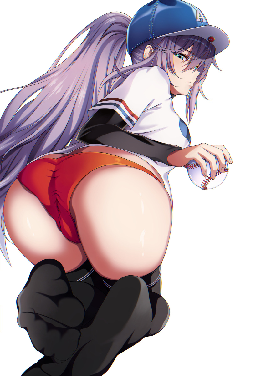 1girl absurdres ass azur_lane ball baseball baseball_cap baseball_jersey baseball_uniform black_legwear blue_headwear breasts commentary english_commentary full_body hair_between_eyes hair_through_headwear hat highres holding holding_ball intrepid_(azur_lane) intrepid_(one_intrepid_pitch)_(azur_lane) light_purple_hair long_hair looking_at_viewer looking_back medium_breasts no_shoes official_alternate_costume panties patrick_reyes_ii red_panties shirt short_sleeves simple_background skindentation soles solo sportswear thighhighs thong underwear very_long_hair white_background white_shirt