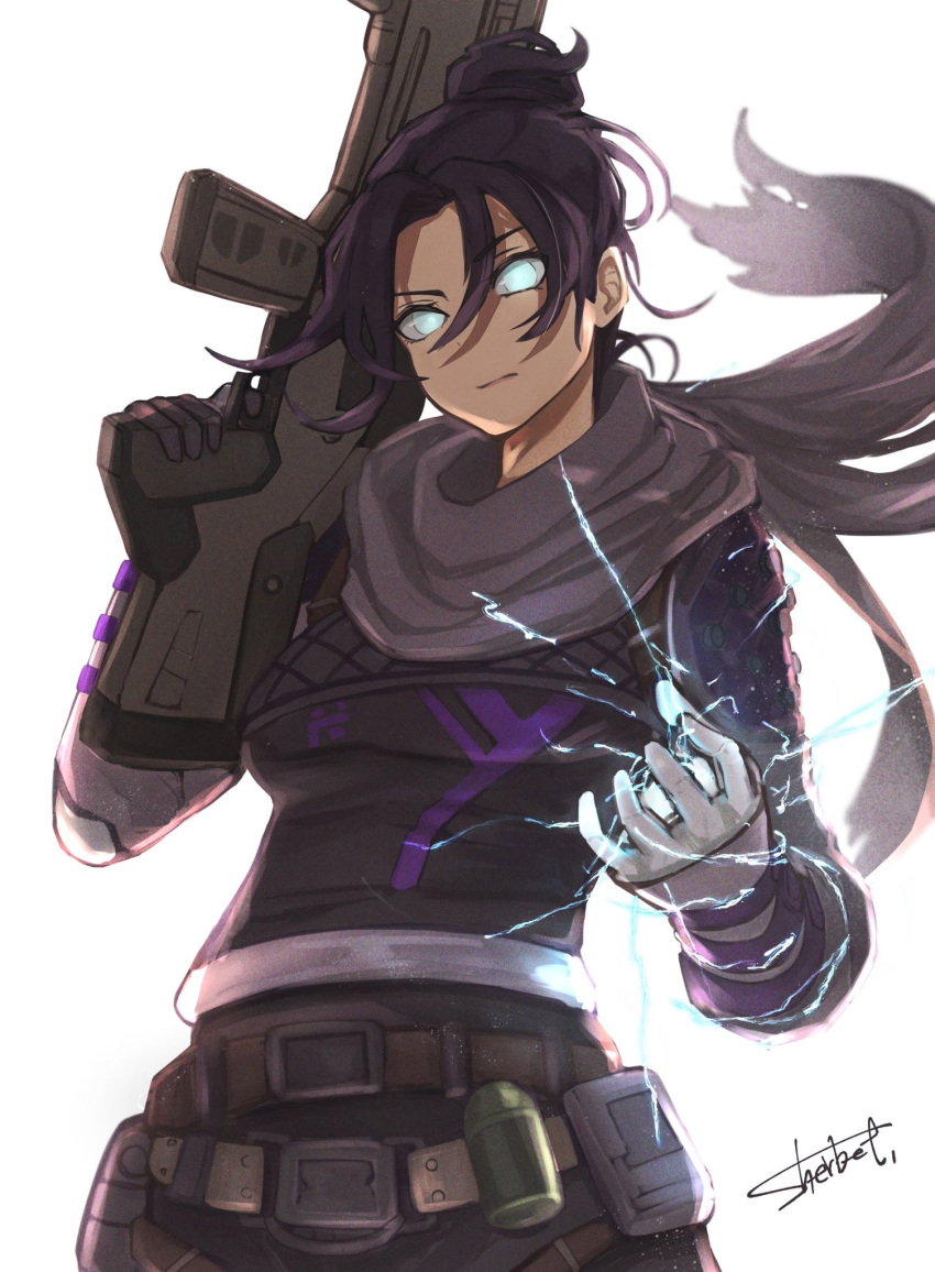 1girl apex_legends bangs belt black_bodysuit black_gloves bodysuit breasts brown_belt commentary electricity floating_hair floating_scarf g7_scout gloves glowing glowing_eyes grey_scarf gun hair_behind_ear hair_bun head_tilt highres holding holding_gun holding_weapon no_pupils parted_bangs rifle scarf sherbet_(sherbet99) small_breasts solo weapon white_background wraith_(apex_legends)