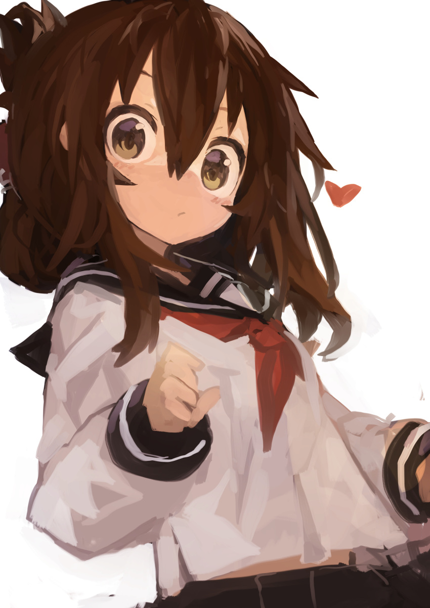 1girl absurdres black_sailor_collar black_skirt blush brown_eyes brown_hair closed_mouth folded_ponytail hair_between_eyes heart highres inazuma_(kancolle) kaamin_(mariarose753) kantai_collection long_hair long_sleeves neckerchief pleated_skirt red_neckerchief sailor_collar school_uniform serafuku simple_background skirt solo upper_body white_background