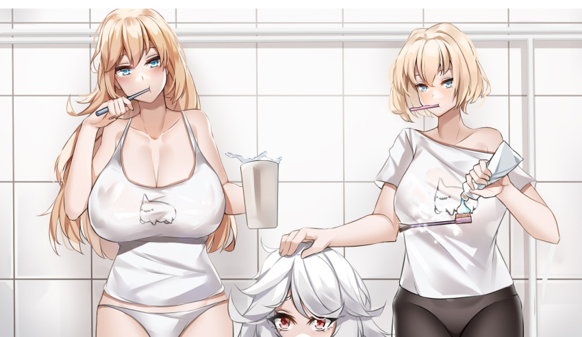 3girls aoi_(buzhuen444) bangs bare_shoulders bathroom blonde_hair blue_eyes breasts brushing_teeth cleavage collarbone cup des_moines_(warship_girls_r) eyebrows_visible_through_hair green_eyes hair_between_eyes hand_on_another's_head highres holding holding_toothbrush huge_breasts long_hair messy_hair mug multiple_girls newport_news_(warship_girls_r) off_shoulder panties red_eyes salem_(warship_girls_r) shirt short_sleeves silver_hair size_difference sleeveless tank_top tile_background tile_wall tiles toothbrush toothbrush_in_mouth toothpaste underwear underwear_only warship_girls_r white_panties white_shirt
