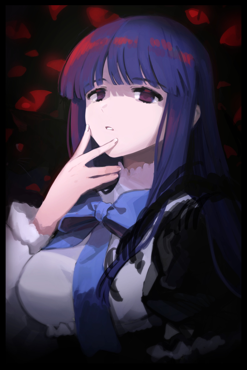 1girl absurdres arm_up bangs black_background black_border black_cat blue_bow blue_bowtie blue_hair blunt_bangs border bow bowtie breasts cat commentary_request dress empty_eyes eyebrows_visible_through_hair frederica_bernkastel hand_on_own_face high_collar highres large_breasts layered_sleeves long_hair long_sleeves looking_at_viewer parted_lips puffy_short_sleeves puffy_sleeves purple_eyes short_sleeves sidelocks simple_background sketch solo umineko_no_naku_koro_ni upper_body white_dress yang38
