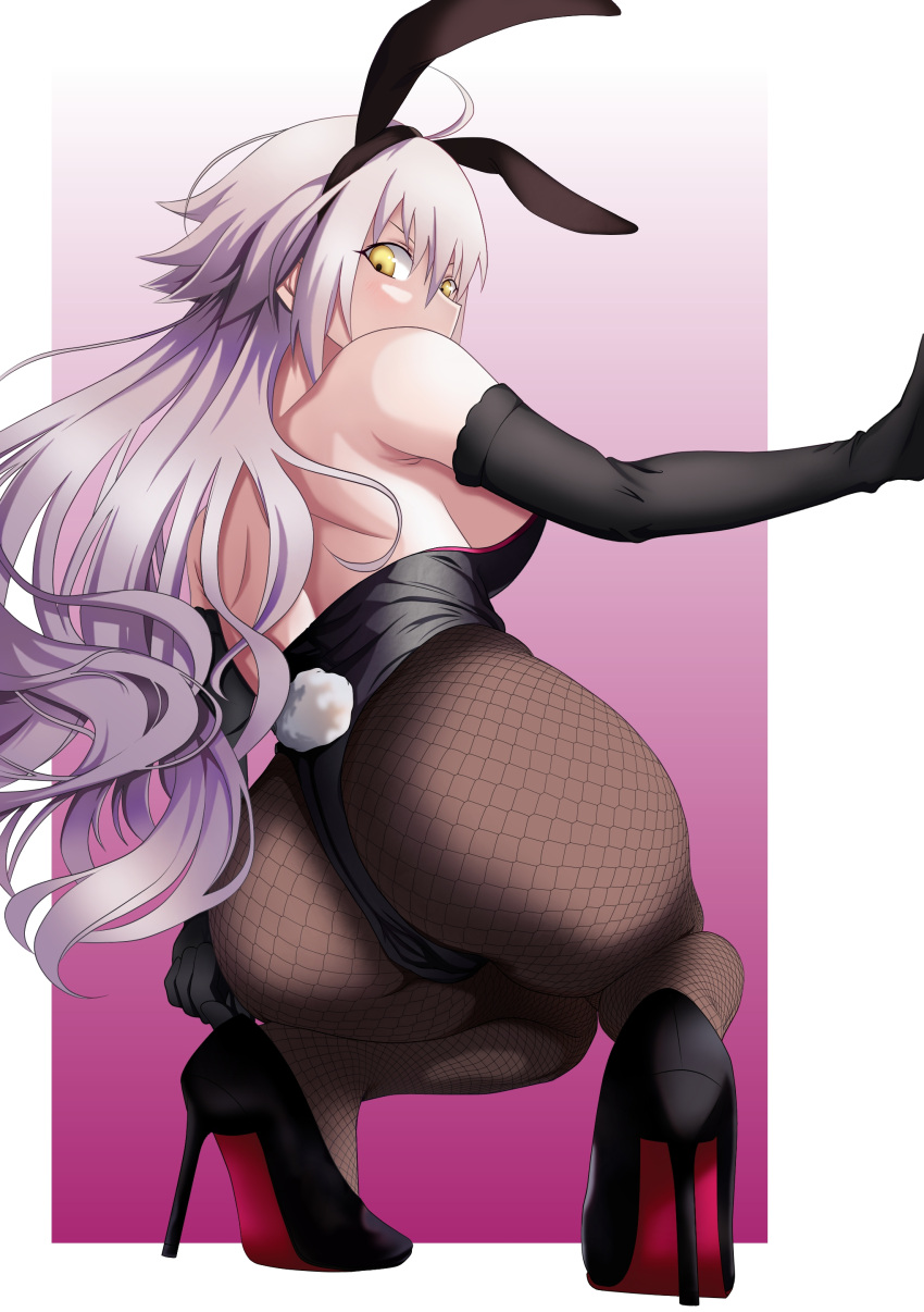 1girl absurdres ahoge animal_ears arm_at_side ass backless_outfit bangs bare_back bare_shoulders black_footwear black_gloves black_leotard breasts cameltoe elbow_gloves eyebrows_visible_through_hair fake_animal_ears fake_tail fate/grand_order fate_(series) fishnet_legwear fishnets from_behind gloves grey_hair hair_between_eyes hand_up high_heels highres jeanne_d'arc_(alter)_(fate) jeanne_d'arc_(fate) large_breasts leotard long_hair looking_at_viewer looking_back pantyhose patrick_reyes_ii playboy_bunny rabbit_ears rabbit_tail shoulder_blades sidelocks solo squatting strapless strapless_leotard tail thighs very_long_hair